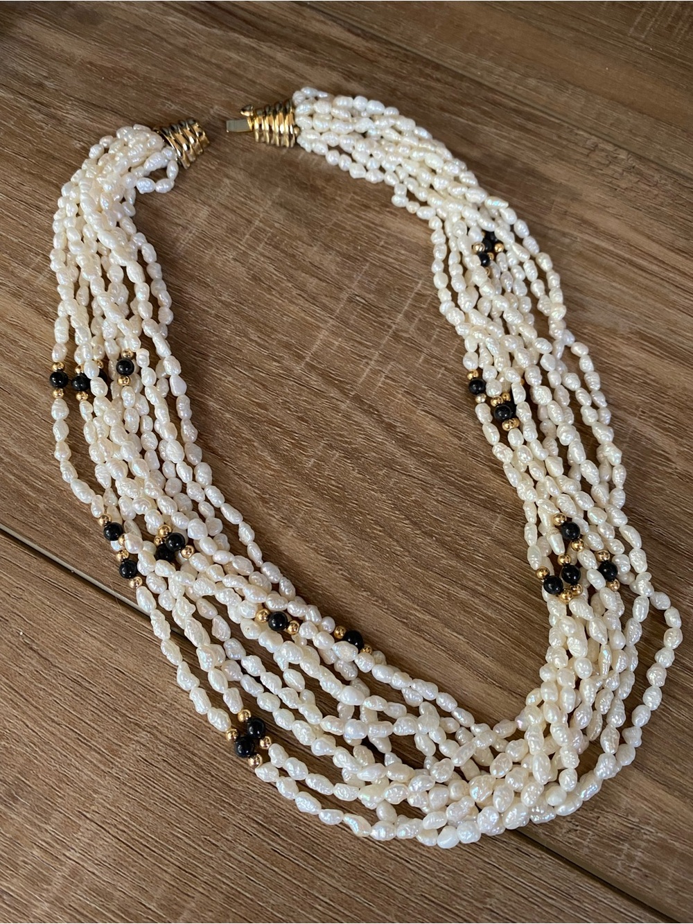 Cream Multi-Strand Pearl Necklace with Black Accent Beads - Picture 2 of 5